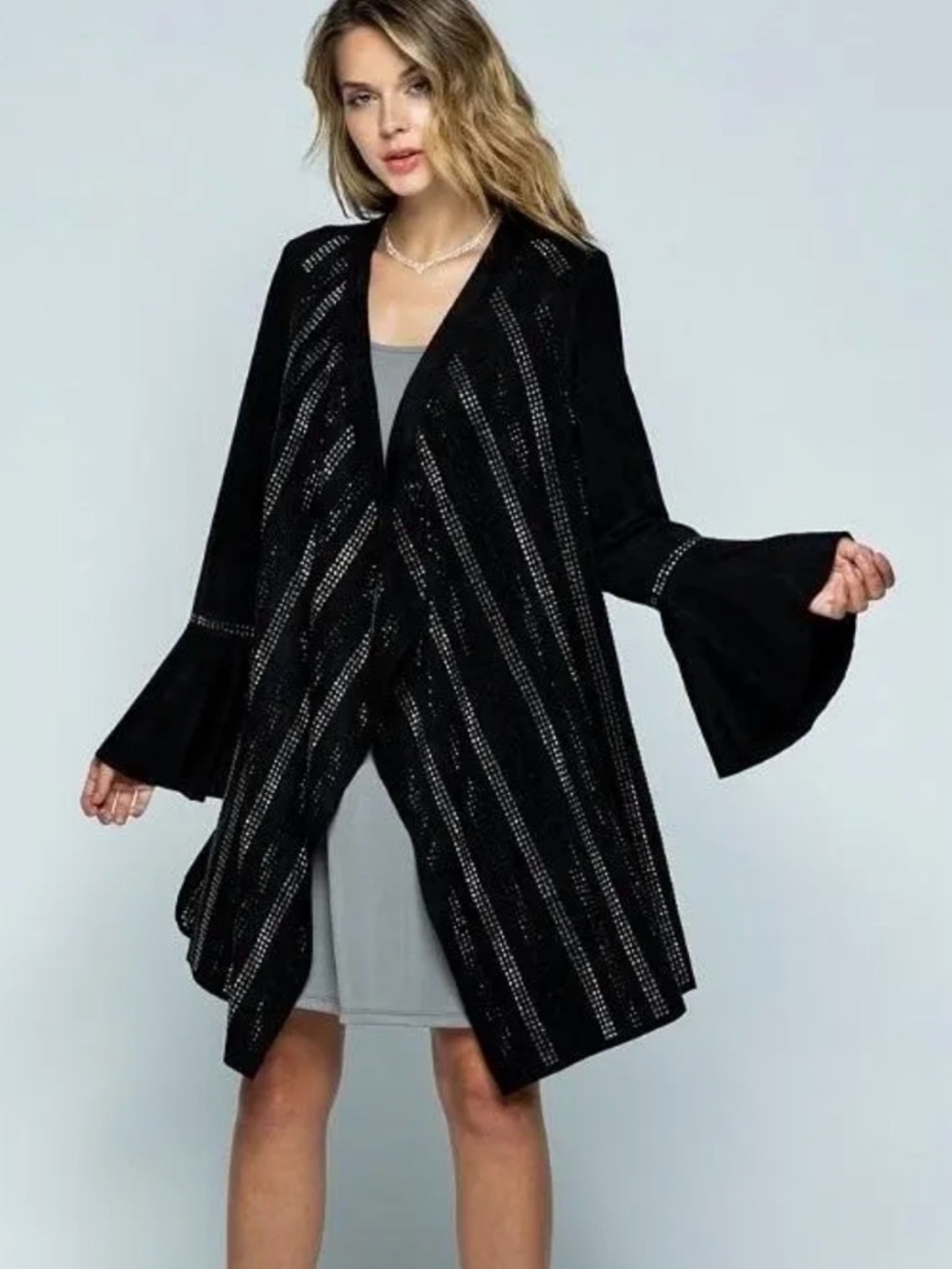 Vocal Womens Black Crystal Suede Boho Cardigan Size Large
